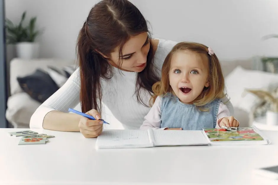 Ibu dan anak sedang menempel gambar jadwal harian di dinding kamar